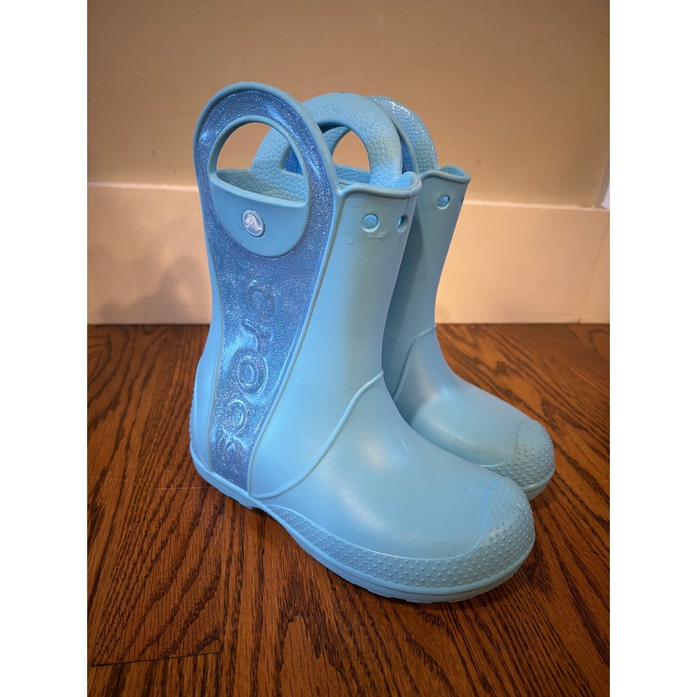 Crocs Glitter Rain Boots Kids J1 Blue Waterproof Fall Winter